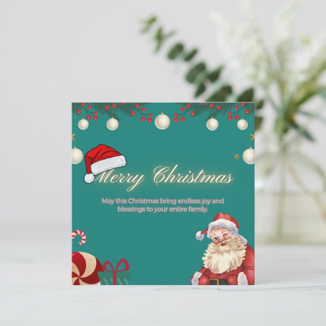 Festive Santa & Ornaments Christmas Holiday Card (Standing Front)