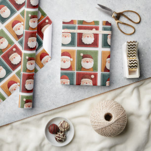 Festive Santa Pattern in Bright Blocks Wrapping Paper