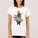 Festive Santa, Reindeer & Christmas Tree "Merry  T-Shirt<br><div class="desc">Festive Santa, Reindeer & Christmas Tree "Merry Christmas This joyful design is packed with holiday favourites, featuring a cute Santa Claus with his sack of gifts, an adorable reindeer peeking from behind a beautifully decorated Christmas tree, and elegant "Merry Christmas" typography. Topped with a giant watercolor Santa hat and accented...</div>