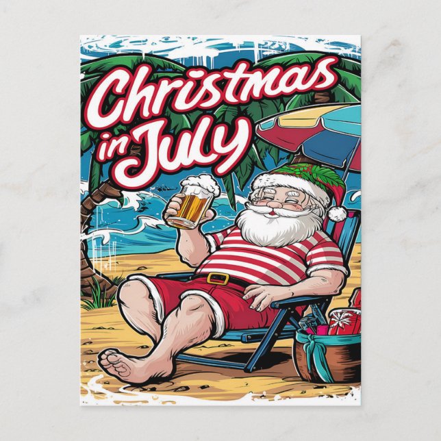 Festive Santa Relaxing by the Waves  Postcard (Front)