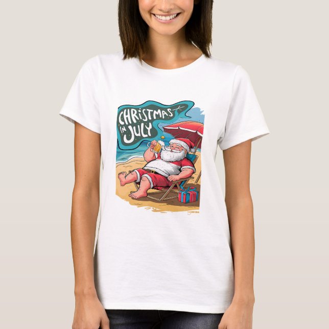 Festive Santa Relaxing on Beach T-Shirt (Front)