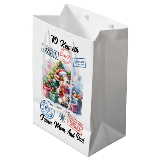 Festive Santa Sack With Cow Medium Gift Bag (Front Angled)