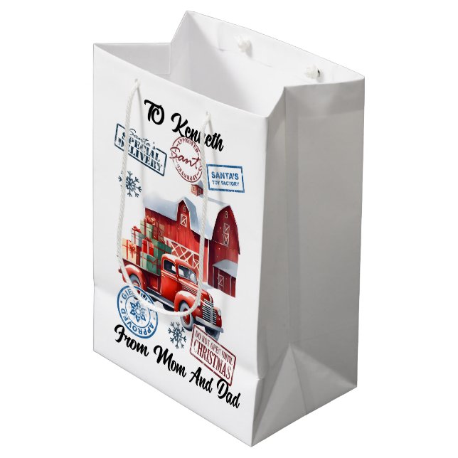 Festive Santa Sack With Holiday Stickers and Gifts Medium Gift Bag (Front Angled)