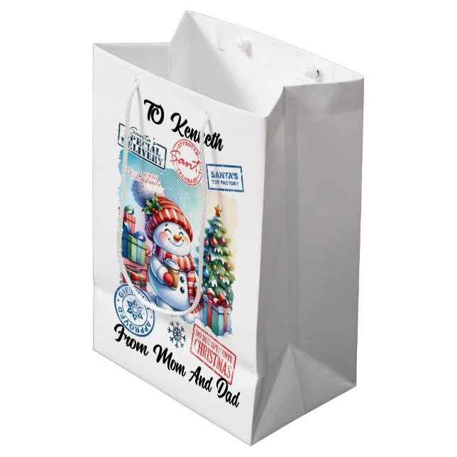 Festive Santa Sack With Playful Holiday Snowman Medium Gift Bag (Front Angled)