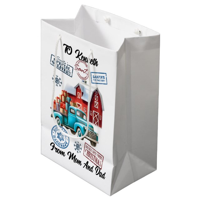 Festive Santa Sack With Truck Stickers Medium Gift Bag (Front Angled)