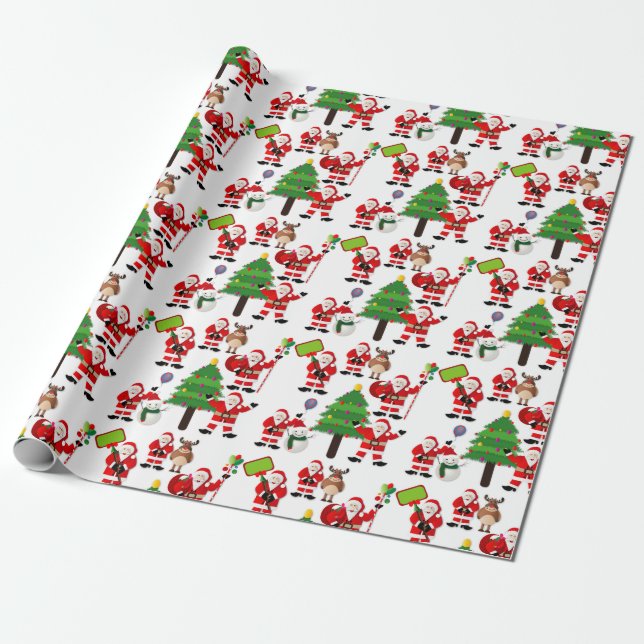 Festive Santa Snowman Christmas Tree Wrapping Paper (Unrolled)
