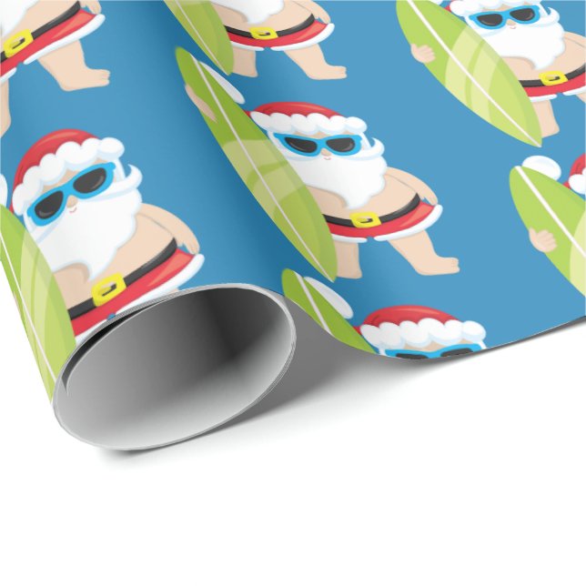 Festive Santa Surfing tiled party Christmas wrap Wrapping Paper (Roll Corner)