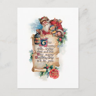 Festive Santa w/Lantern and Scroll and Greetings Postcard