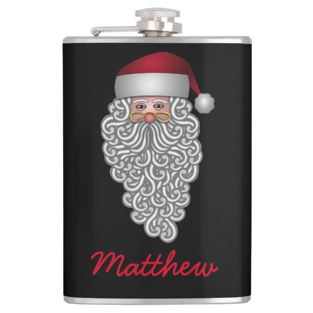 Festive Santa with Curly Beard Personalised Hip Flask (Front)