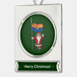 Festive Santa With Ensign Of Arizona Silver Plated Banner Ornament