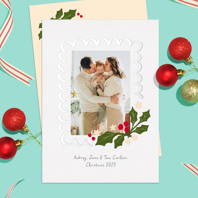 Festive Scallop Frame with Holly One Photo Foil Holiday Card (Real shiny foil scallops frame a personal picture on this festive holly themed Christmas photo card)