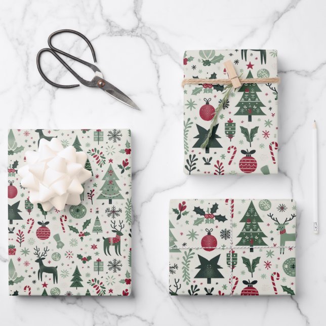 Festive Scandinavian Holly & Reindeer Christmas Wrapping Paper Sheet (Front)