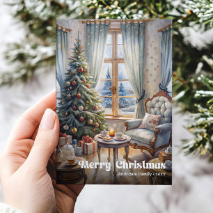 Festive scene greeting card red green traditional