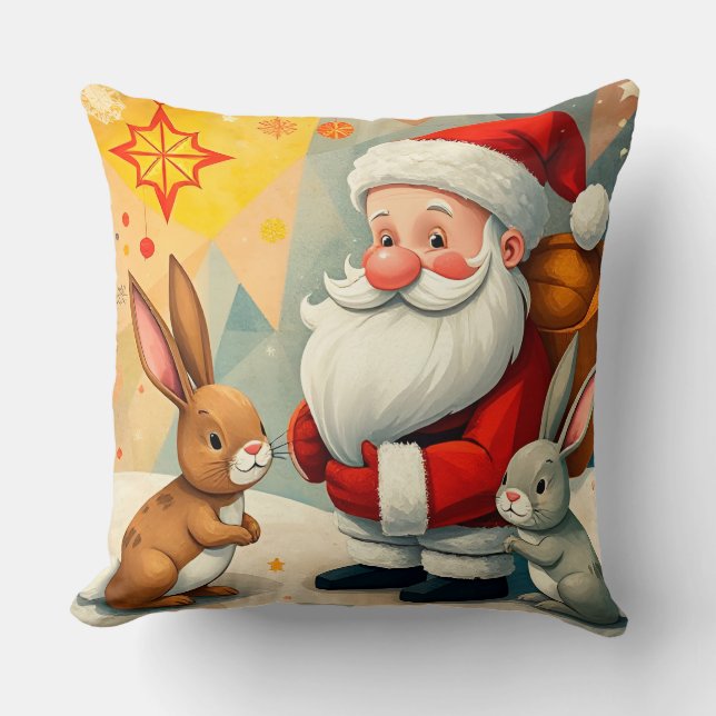Festive Scene of Santa Claus with Adorable Rabbits Cushion (Front)