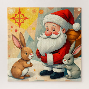 Festive Scene of Santa Claus with Adorable Rabbits Jigsaw Puzzle