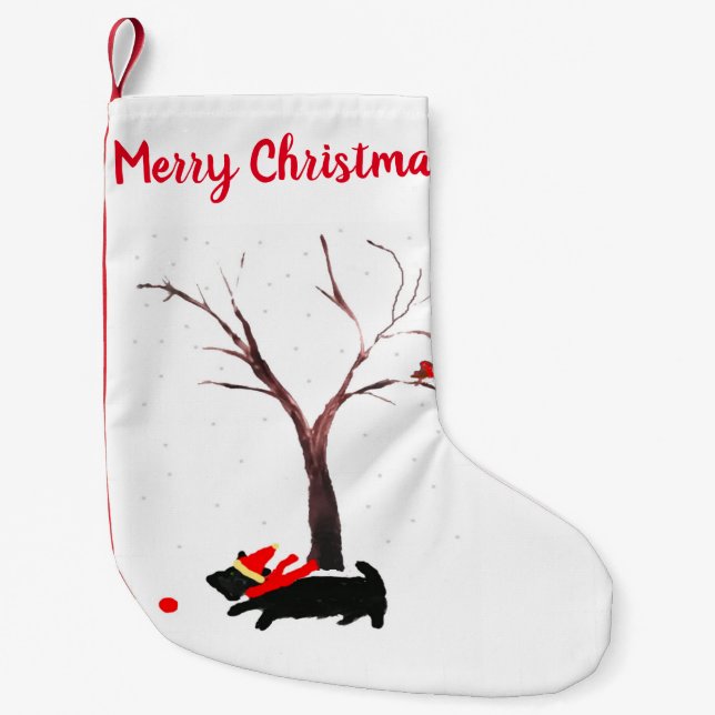 Festive Scottie Dog and Robin Small Christmas Stocking (Front)
