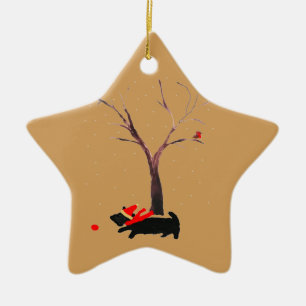 Festive Scottie Dog Robins Ceramic Tree Decoration