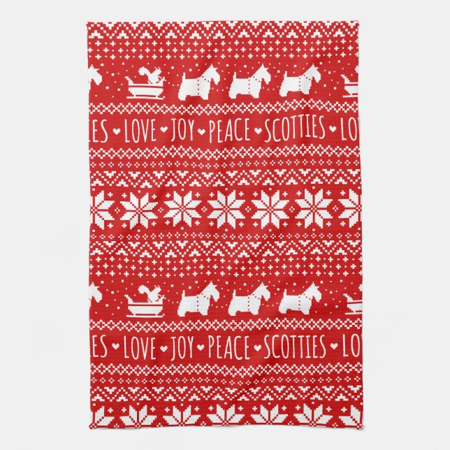 Festive Scottie Dogs Christmas | Scottish Terriers Tea Towel (Vertical)