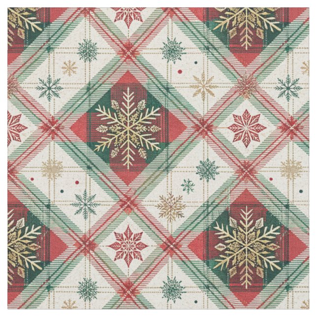 Festive Scottish Tartan Plaid Snowflake Pattern Fabric (Close Up)