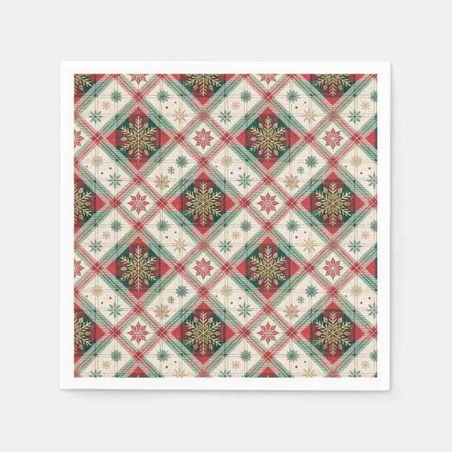 Festive Scottish Tartan Plaid Snowflake Pattern Napkin (Front)
