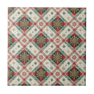 Festive Scottish Tartan Plaid Snowflake Pattern Tile