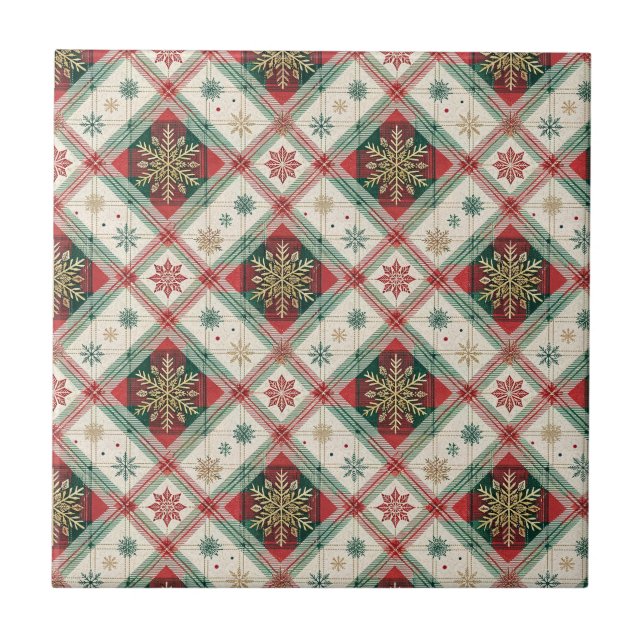 Festive Scottish Tartan Plaid Snowflake Pattern Tile (Front)