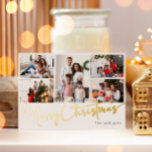 Festive Script Five-Photo Merry Christmas Gold Foil Holiday Card<br><div class="desc">Celebrate the season with this festive script five-photo Merry Christmas gold foil holiday card featuring a touch of elegant charm. The chic design showcases a simple gold-and-white colour palette, evoking the cosy spirit of winter. Its modern and unique appeal and rustic wording create a perfect balance between seasonal and contemporary....</div>