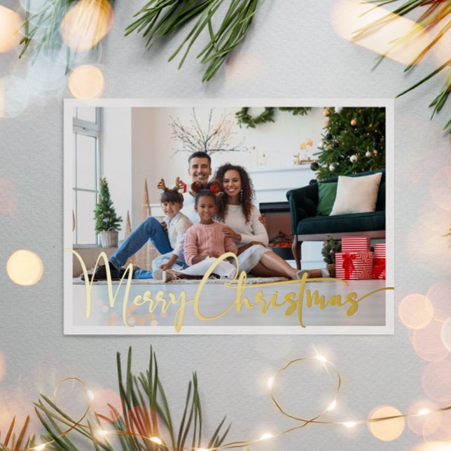 Festive Script Full Photo Merry Christmas Gold Foil Holiday Card (Creator Uploaded)