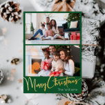 Festive Script Green 2 photo Merry Christmas Gold Foil Holiday Postcard<br><div class="desc">Celebrate the season with this festive script green 2 photo Merry Christmas gold foil holiday postcard featuring a touch of elegant charm. The chic design showcases a simple gold-and-green colour palette, evoking the cosy spirit of winter. Its modern and unique appeal and rustic wording create a perfect balance between seasonal...</div>