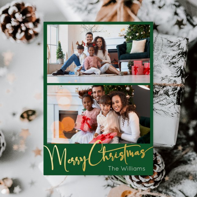 Festive Script Green 2 photo Merry Christmas Gold Foil Holiday Postcard (Creator Uploaded)