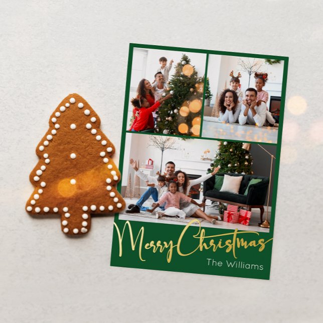 Festive Script Green 3 Photo Merry Christmas Gold Foil Holiday Card (Creator Uploaded)