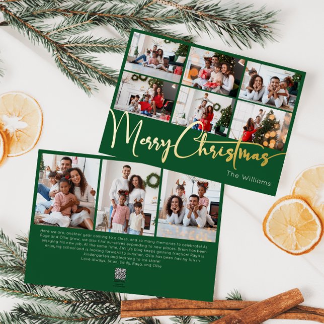 Festive Script Green 9 Photo Merry Christmas Gold Foil Holiday Card (Creator Uploaded)
