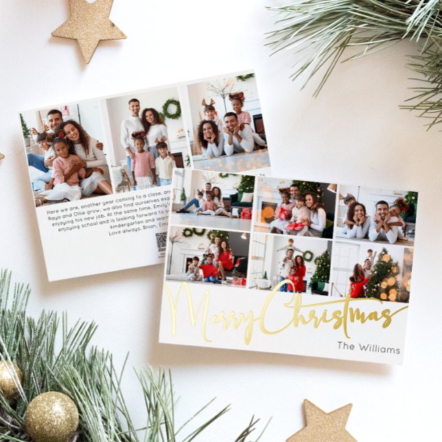 Festive Script Nine-Photo Merry Christmas Gold Foil Holiday Card (Creator Uploaded)