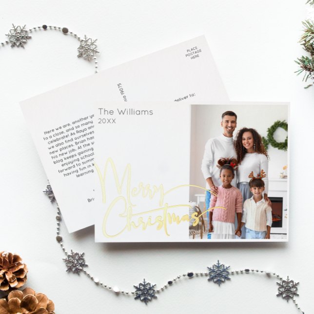 Festive Script Photo Merry Christmas Gold Foil Holiday Postcard (Creator Uploaded)