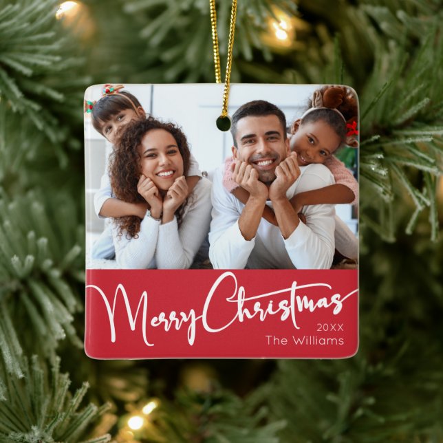 Festive Script | Red Merry Christmas Ceramic Ornament (Tree)