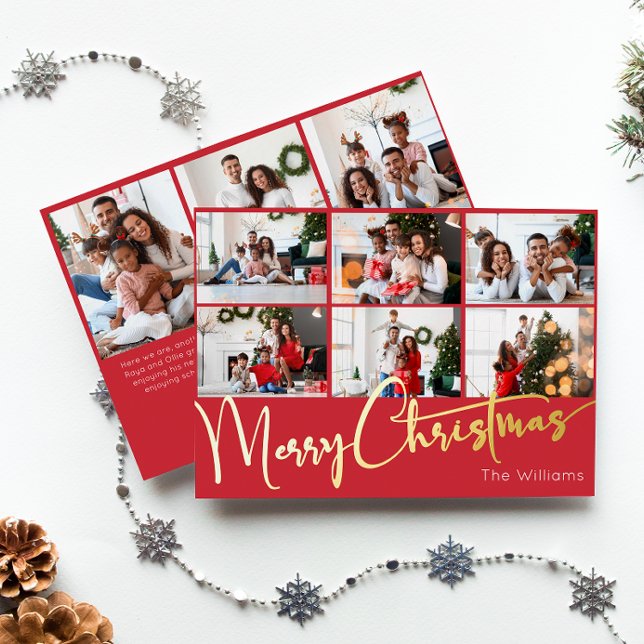 Festive Script Red Nine-Photo Merry Christmas Gold Foil Holiday Card (Creator Uploaded)