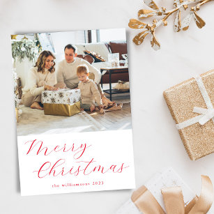 Festive Script Red Simple Merry Christmas Photo Holiday Card