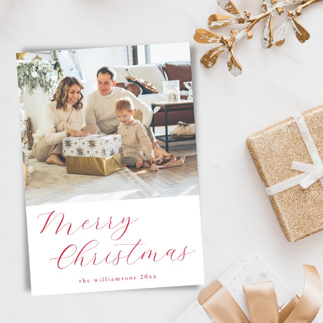 Festive Script Red Simple Merry Christmas Photo Holiday Card (Creator Uploaded)