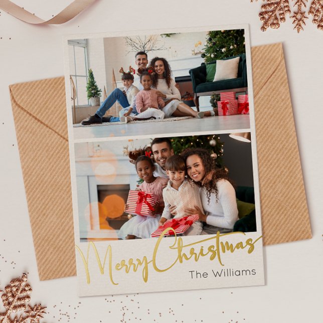 Festive Script Two-Photo Merry Christmas Gold Foil Holiday Card (Creator Uploaded)