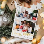 Festive Script Two-Photo Merry Christmas Gold Foil Holiday Postcard<br><div class="desc">Celebrate the season with this festive script two-photo Merry Christmas gold foil holiday featuring a touch of elegant charm. The chic design showcases a simple gold-and-white colour palette, evoking the cosy spirit of winter. Its modern and unique appeal and rustic wording create a perfect balance between seasonal and contemporary. In...</div>