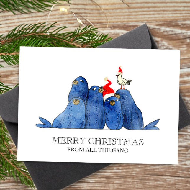 Festive Sea Lions Watercolor Holiday Card (Creator Uploaded)