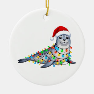 Festive Seal Covered in Christmas Lights Ceramic Tree Decoration