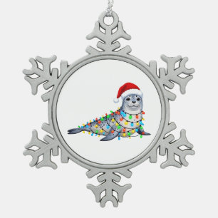 Festive Seal Covered in Christmas Lights Snowflake Pewter Christmas Ornament