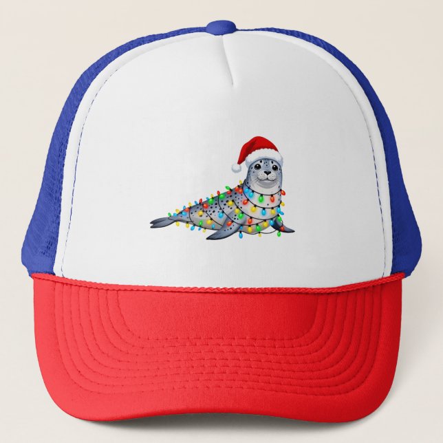 Festive Seal Covered in Christmas Lights Trucker Hat (Front)