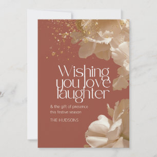 Festive Season Gold Brown-Pink Floral Holiday Card