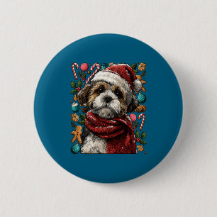 Festive Shih Tzu With Santa Hat Snowy Winter Chris 6 Cm Round Badge