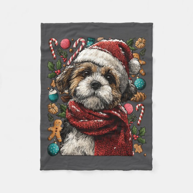 Festive Shih Tzu With Santa Hat Snowy Winter Chris Fleece Blanket (Front)