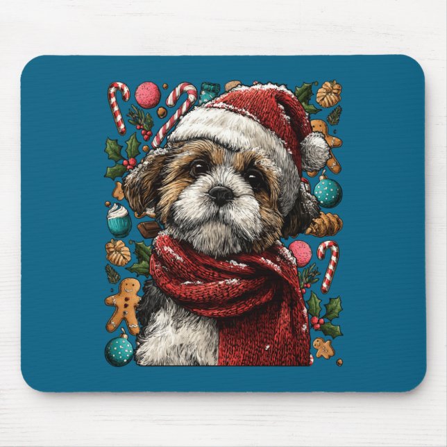 Festive Shih Tzu With Santa Hat Snowy Winter Chris Mouse Mat (Front)