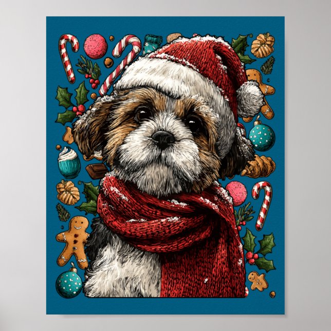 Festive Shih Tzu With Santa Hat Snowy Winter Chris Poster (Front)