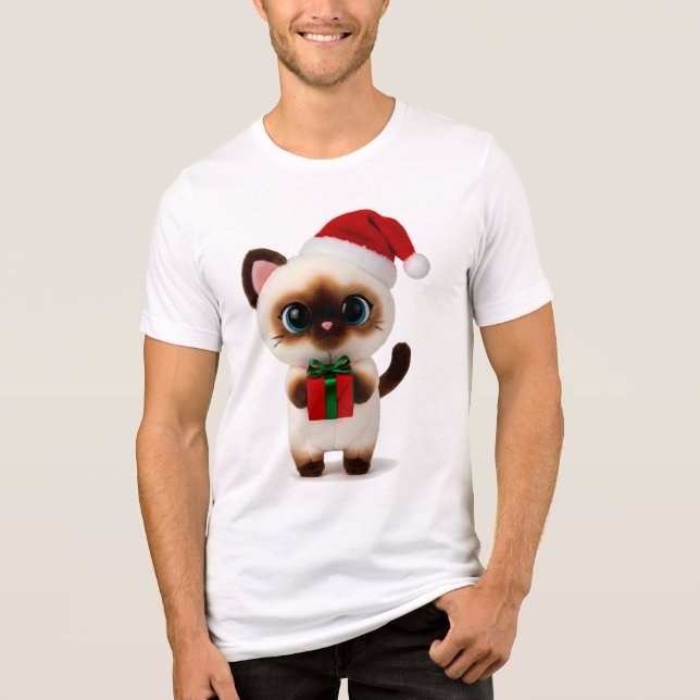 Festive Siamese Cat with Santa Hat and Gift Box Tri-Blend Shirt (Front)